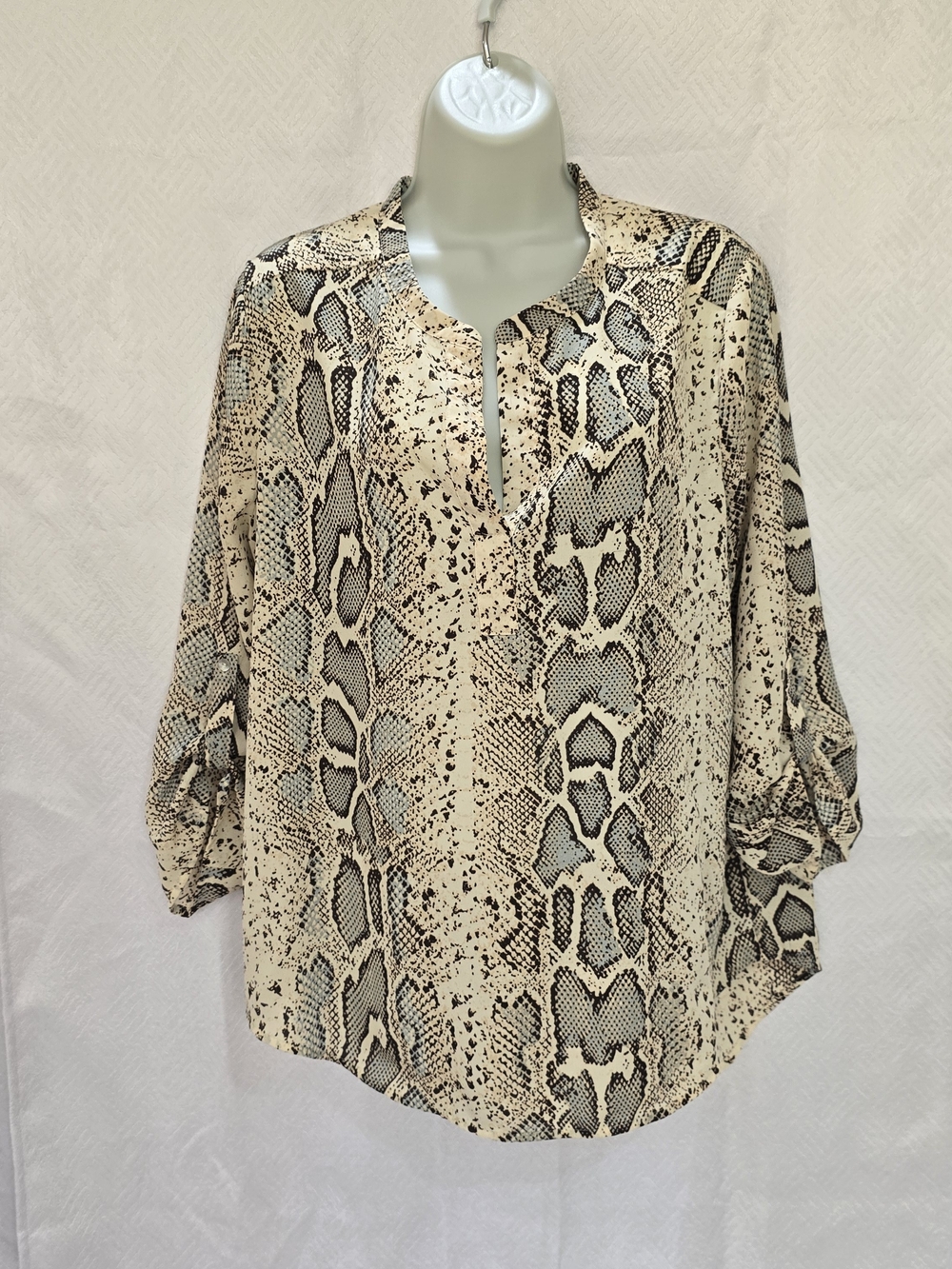 Daniel Rainn Beige Snake-Print Split-Neck Blouse